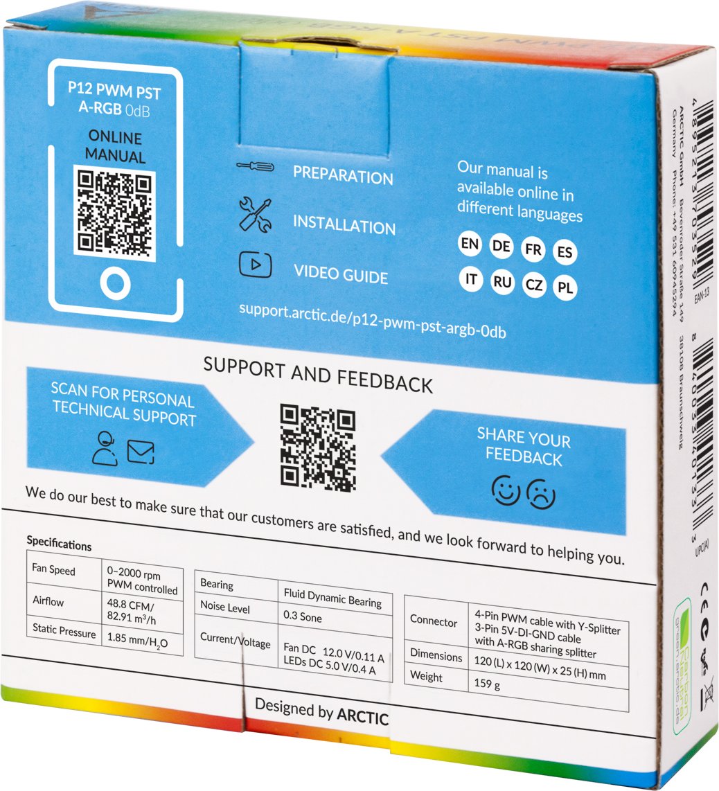 ARCTIC Gehäuselüfter P12 PWM PST A-RGB 0dB weiß, 120 mm, 4-pin