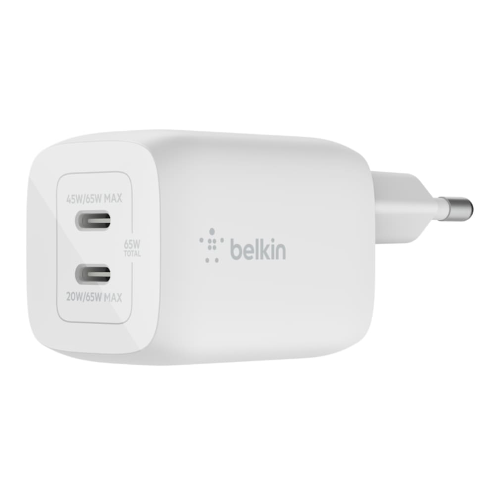 Belkin 65 W Dual USB-C GaN Ladegerät, Power Deliver und PPS Technologie, weiß