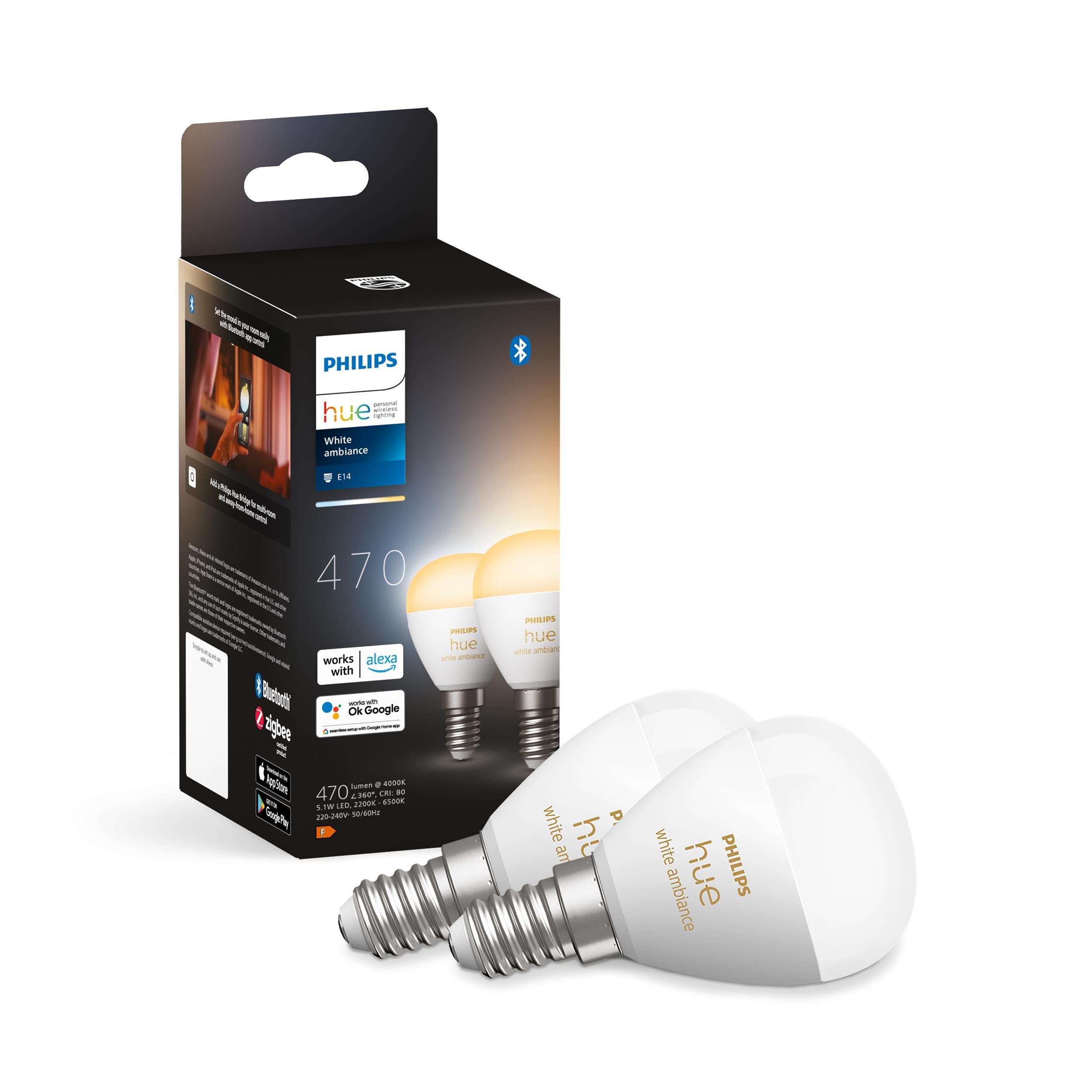 Philips Hue White Amb. Doppelpack E14 Kugel 470lm