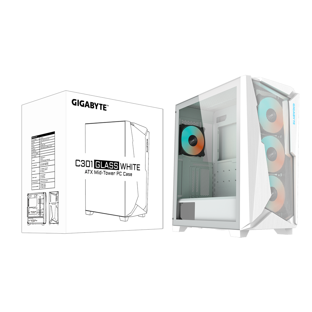 GIGABYTE GB-C301GW Type C Midi Tower Gaming Gehäuse mit Sichtfenster white