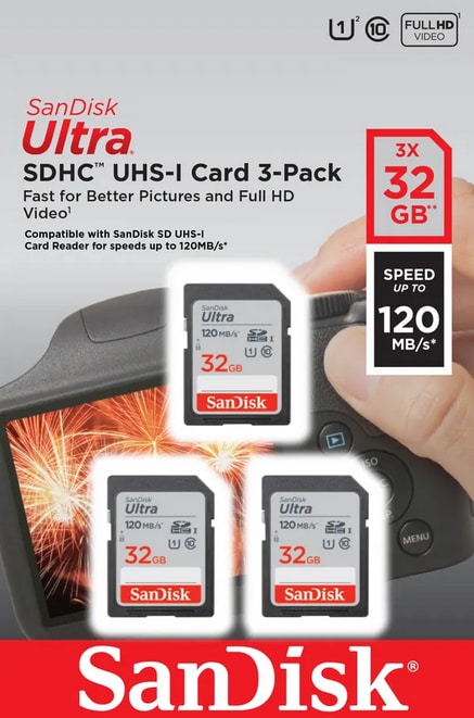 SanDisk Ultra 32 GB SDHC Speicherkarte (120 MB/s, Class 10, UHS-I) 3er Pack