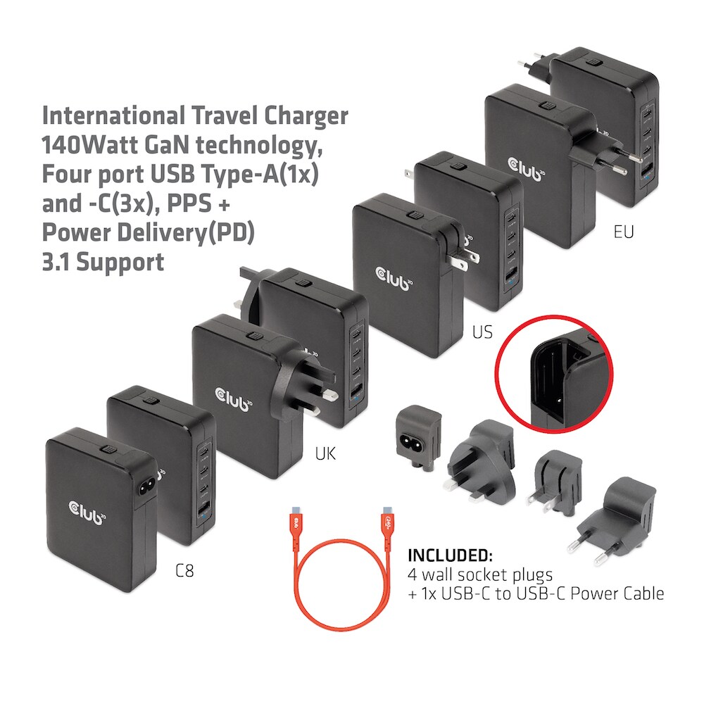 Club 3D Reise Ladegerät 140W GAN, PPS, Power Delivery (PD) 3.1