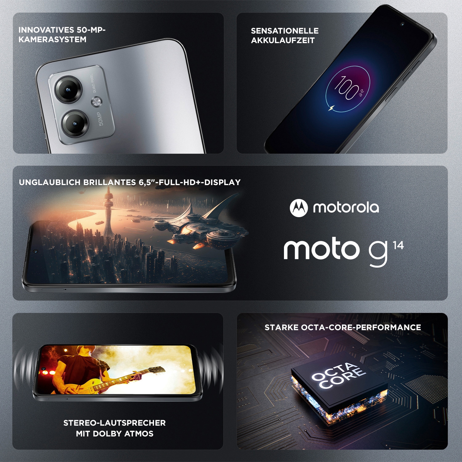 Smartphone - Motorola Moto G14, 4+128GB, 6,5, FullHD+, UNISOC T616,  5000mAh, Android 13, Steel Grey