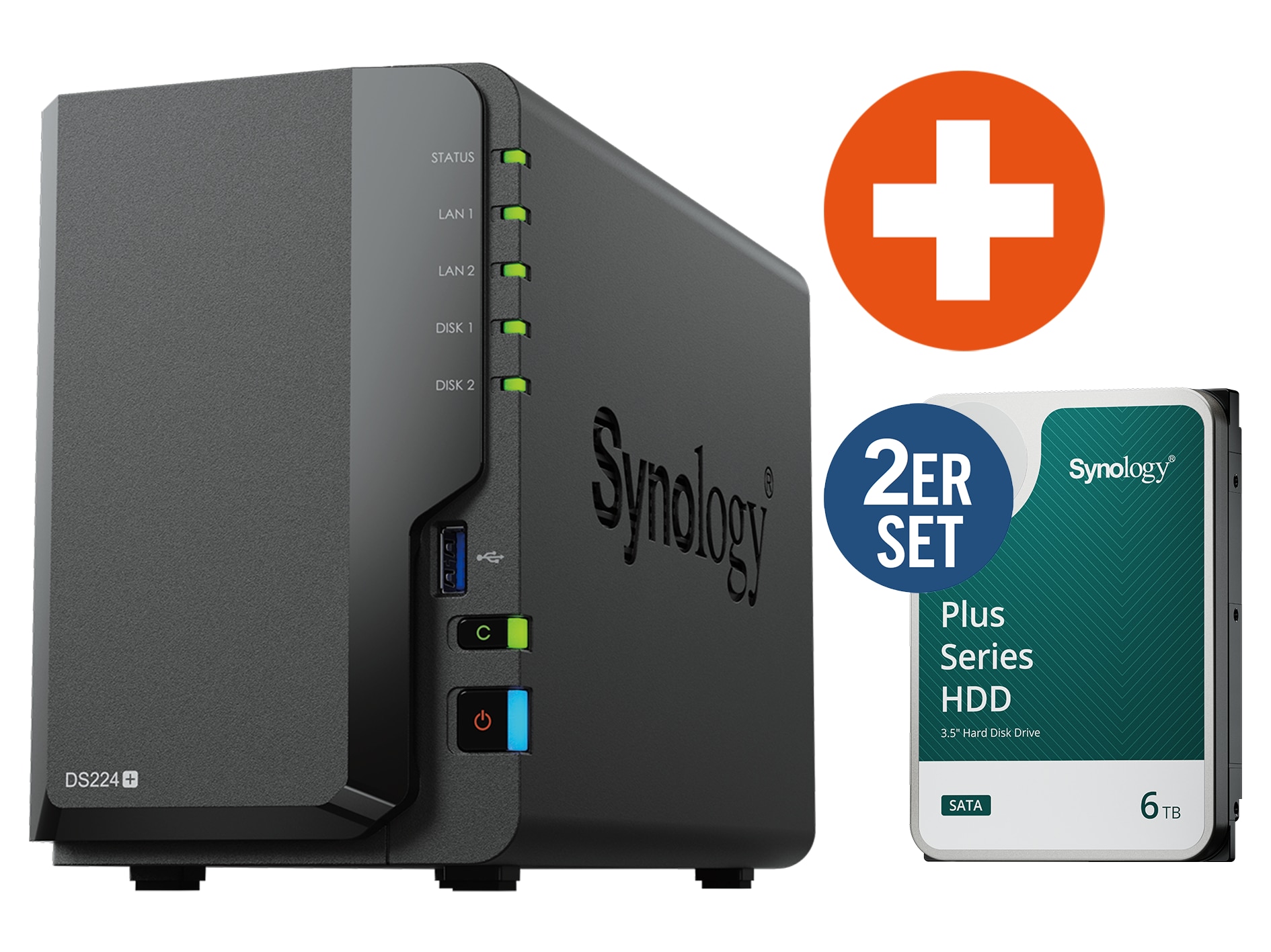 Synology DS224+ NAS System 2-Bay 12 TB inkl. 2x 6 TB Synology HDD HAT3300-6T