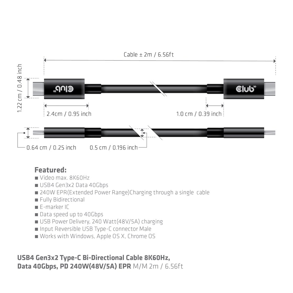 Club 3D USB 4 3x2 Typ-C Kabel USB 8K60Hz PD 240W St./St. 2m schwarz