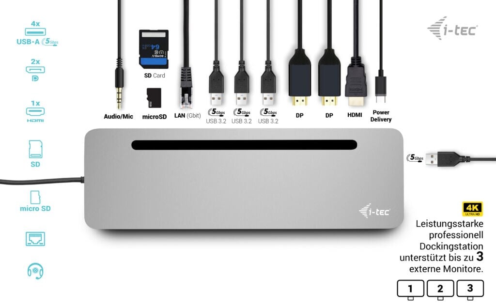 i-tec USB3.2/USB-C/Thunderbolt/DP/HDMI 3x 4K Display Docking Station + PD 100W