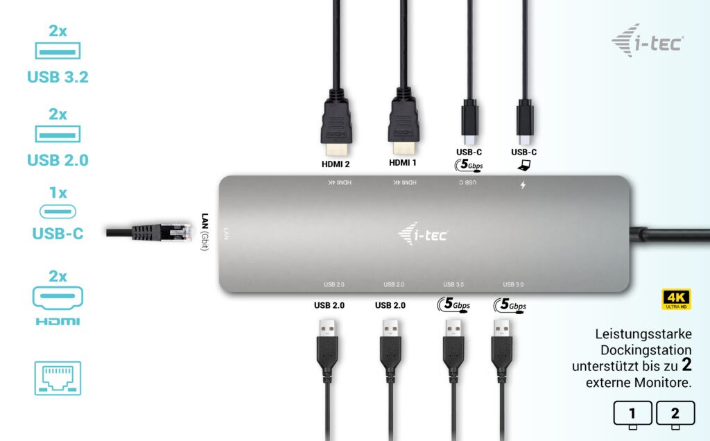 i-tec USB3.2/USB-C/HDMI 2x Display Docking Station + PD 100W