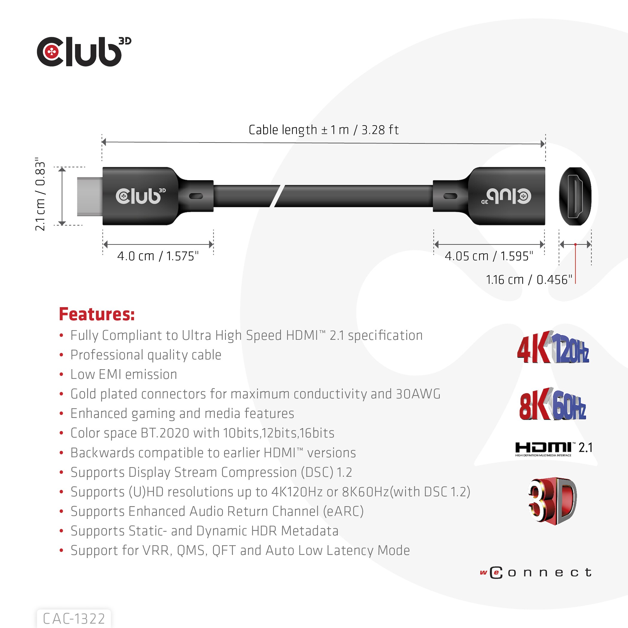 Club 3D Ultra High Speed HDMI Verlängerungskabel 4K120Hz 8K/60Hz St./B. 1m 30AWG