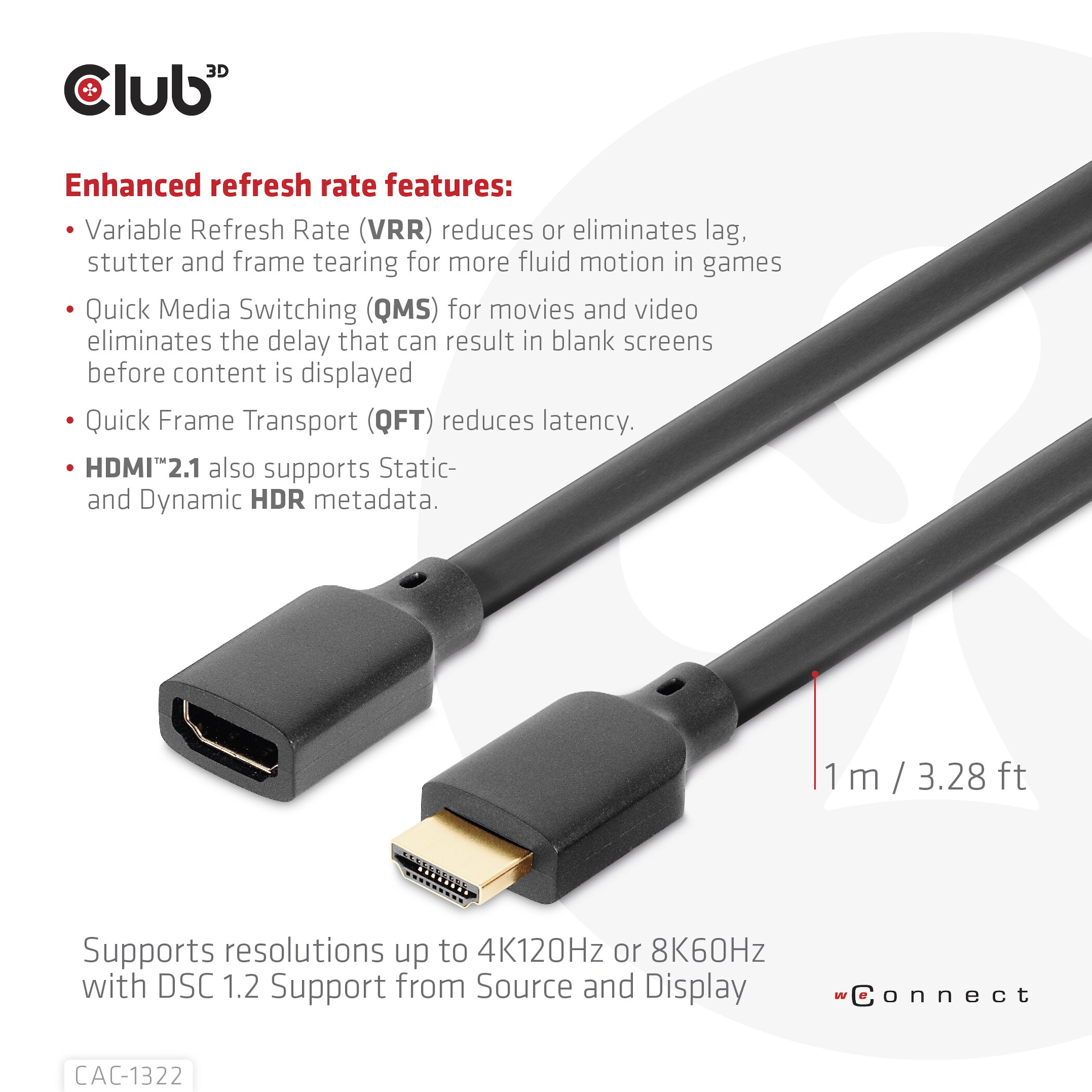 Club 3D Ultra High Speed HDMI Verlängerungskabel 4K120Hz 8K/60Hz St./B. 1m 30AWG