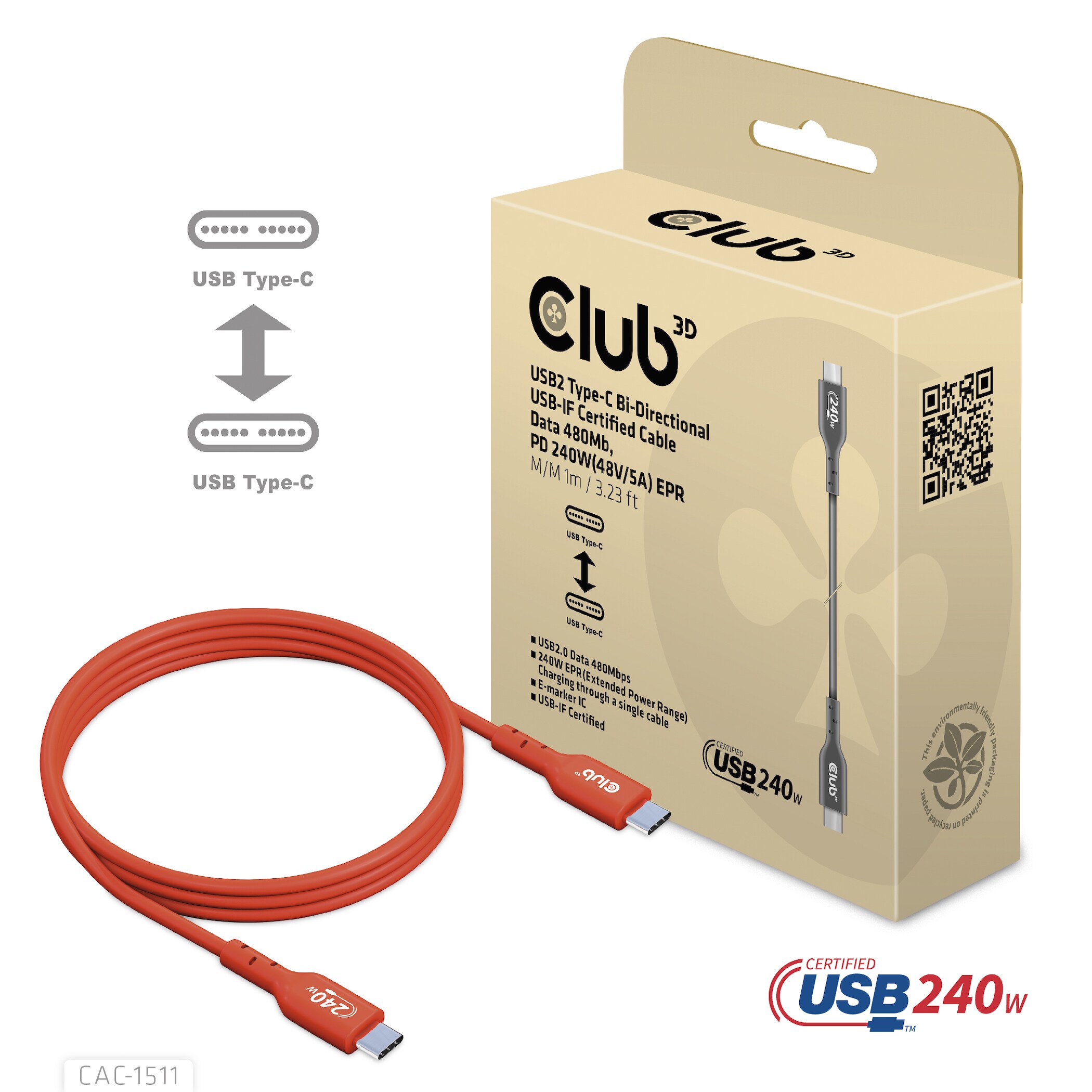 Club 3D USB 2.0 Typ-C Kabel Bidirektional USB-IF 480Mb PD 240W St./St. 1m orange