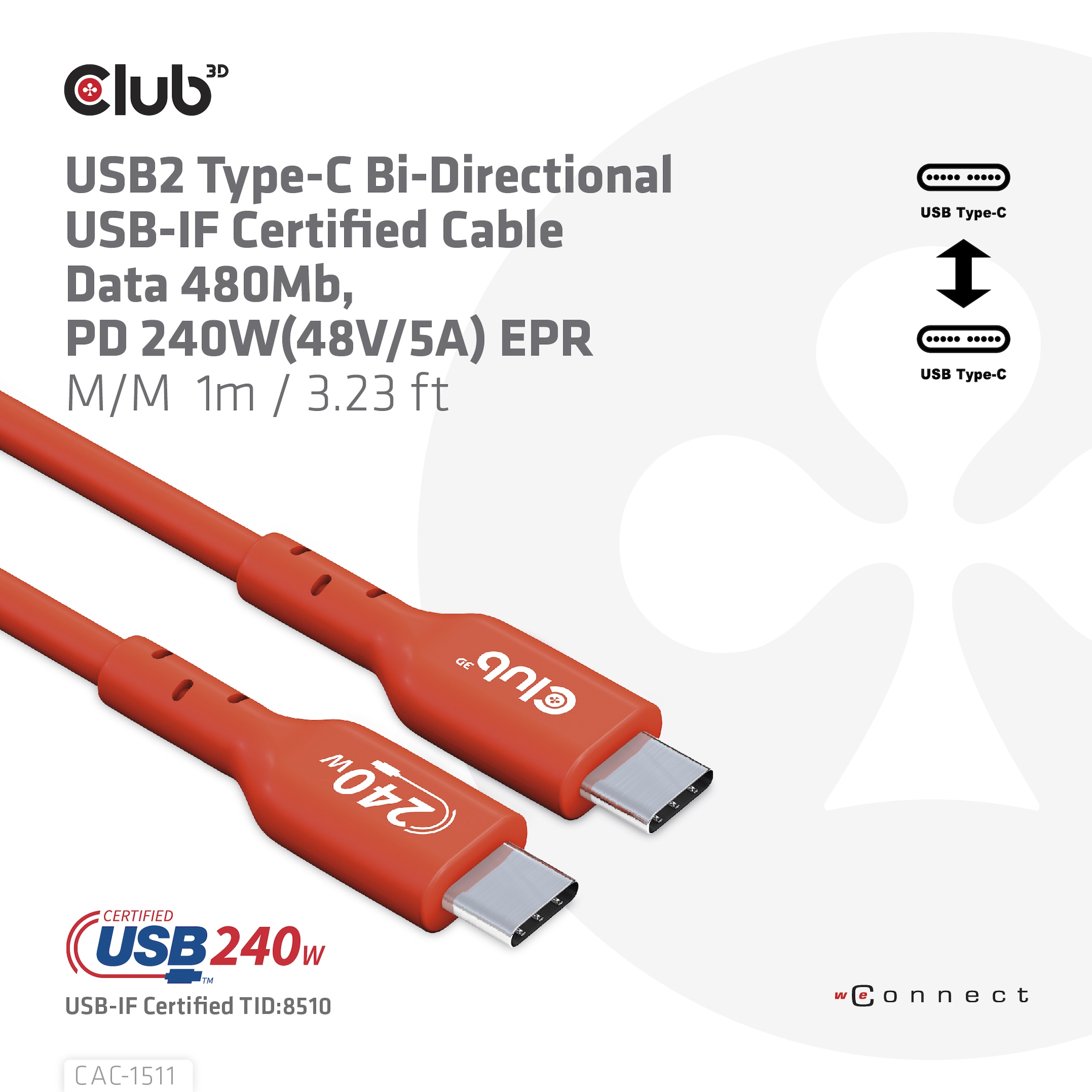 Club 3D USB 2.0 Typ-C Kabel Bidirektional USB-IF 480Mb PD 240W St./St. 1m orange