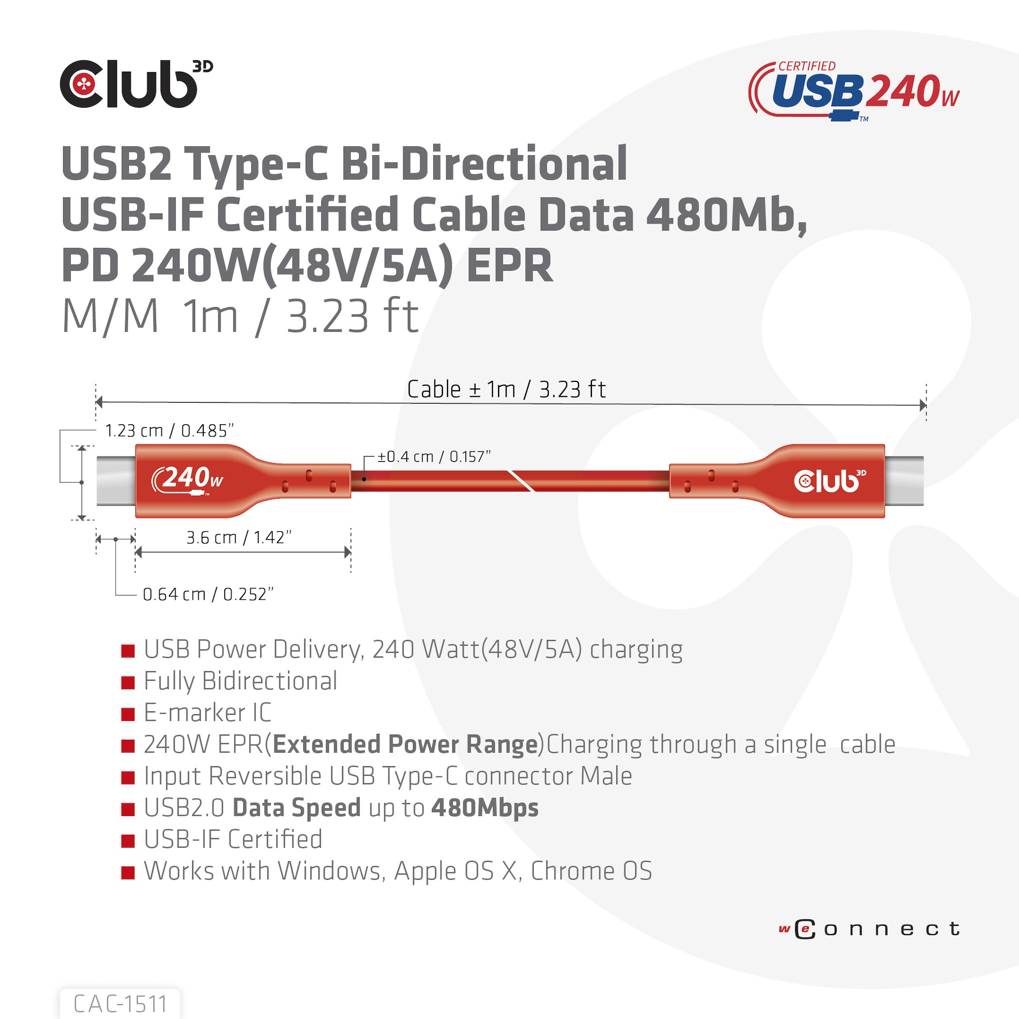 Club 3D USB 2.0 Typ-C Kabel Bidirektional USB-IF 480Mb PD 240W St./St. 1m orange