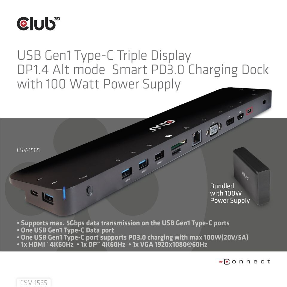 0Club 3D USB Gen1 Typ-C Triple Display DP Alt Mode PD Dockingstation 100W