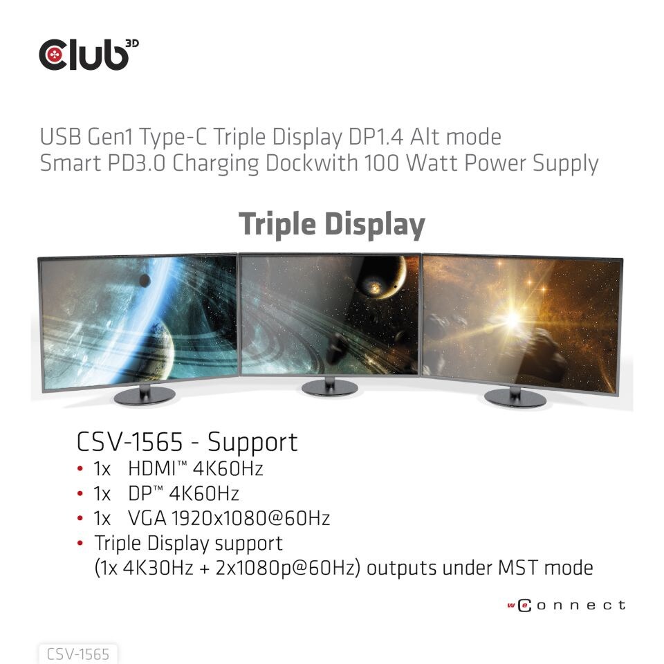 0Club 3D USB Gen1 Typ-C Triple Display DP Alt Mode PD Dockingstation 100W