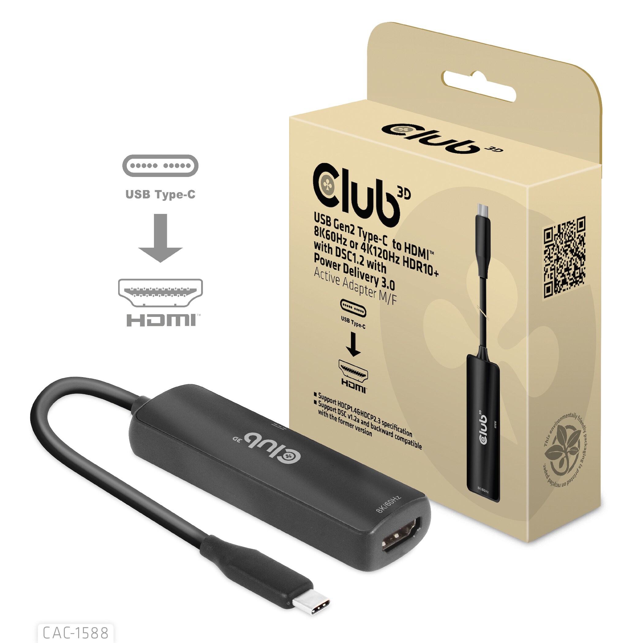 Club 3D USB Gen2 Typ-C auf HDMI 4K120Hz/8K60Hz HDR10, DSC1.2 PD Adapter St./B.