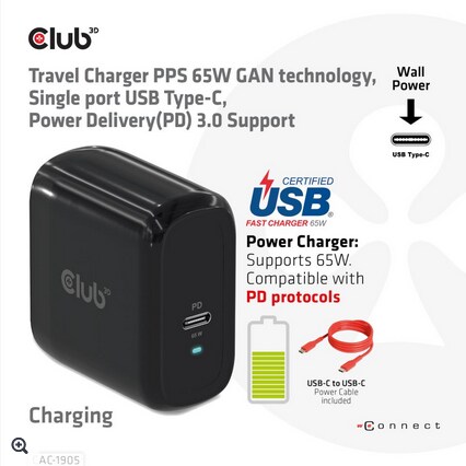 Club 3D Reise Ladegerät PPS 45W GAN, USB Typ-C Power Delivery (PD) 3.0