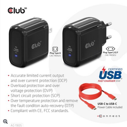 Club 3D Reise Ladegerät PPS 45W GAN, USB Typ-C Power Delivery (PD) 3.0