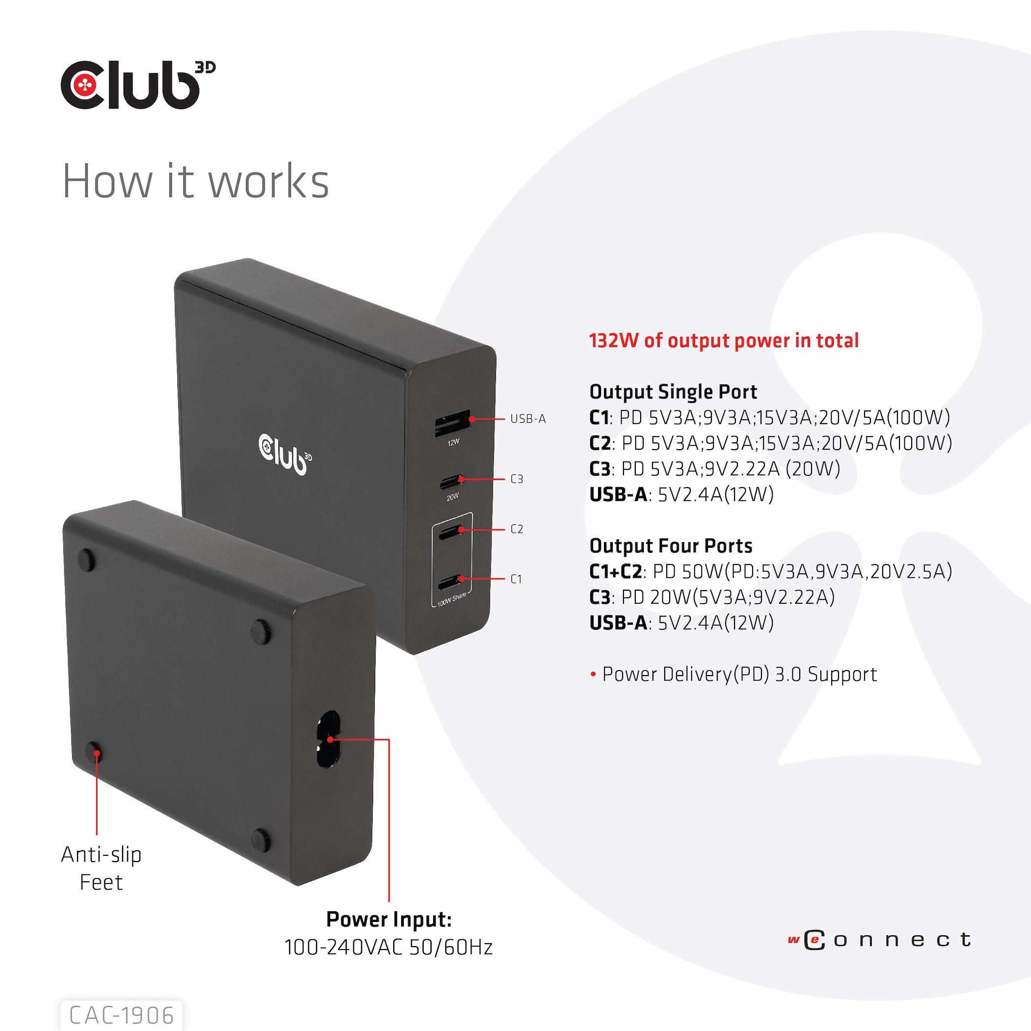 Club 3D Reise Ladegerät 132W GAN, USB Typ-C/Typ-A Power Delivery (PD) 3.0