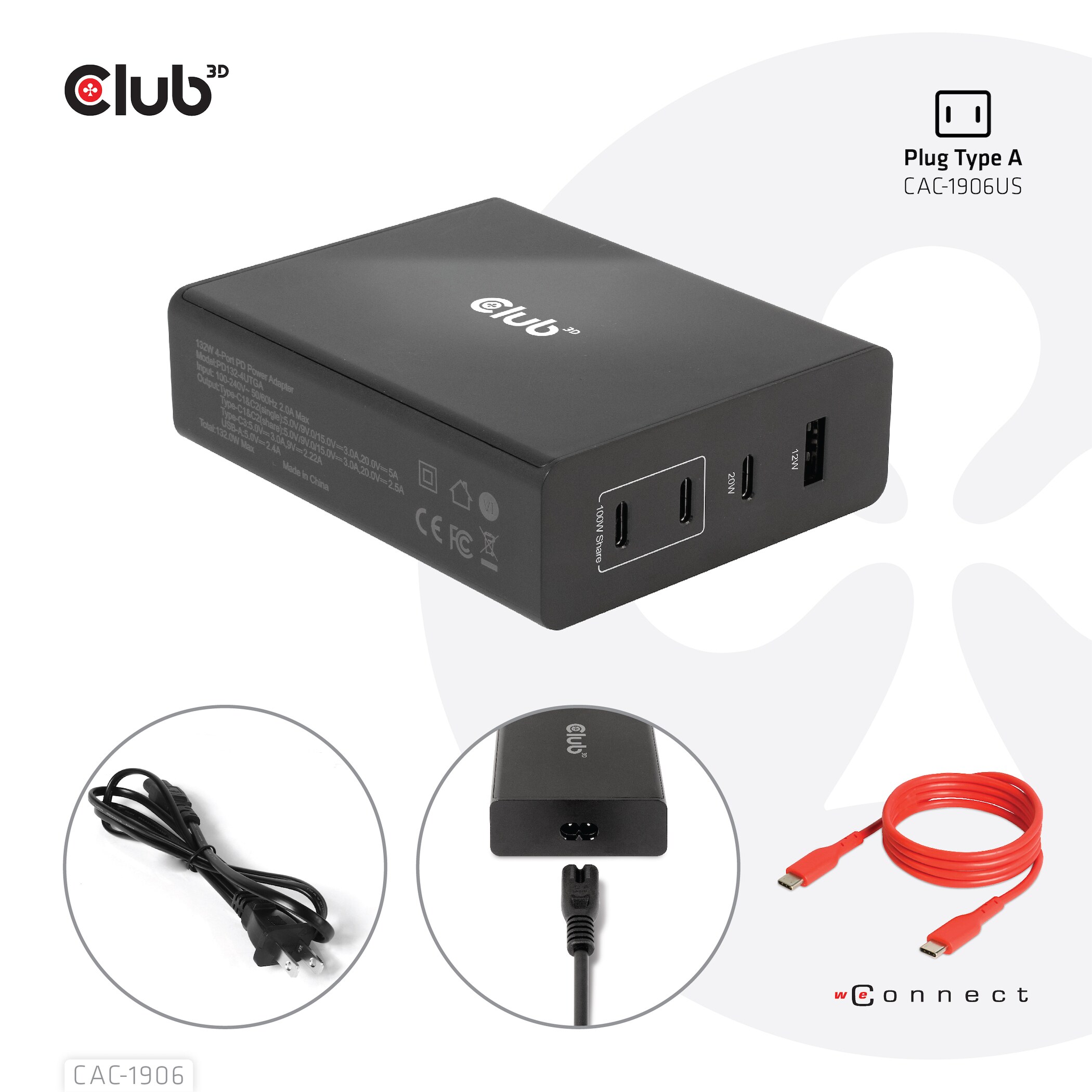 Club 3D Reise Ladegerät 132W GAN, USB Typ-C/Typ-A Power Delivery (PD) 3.0