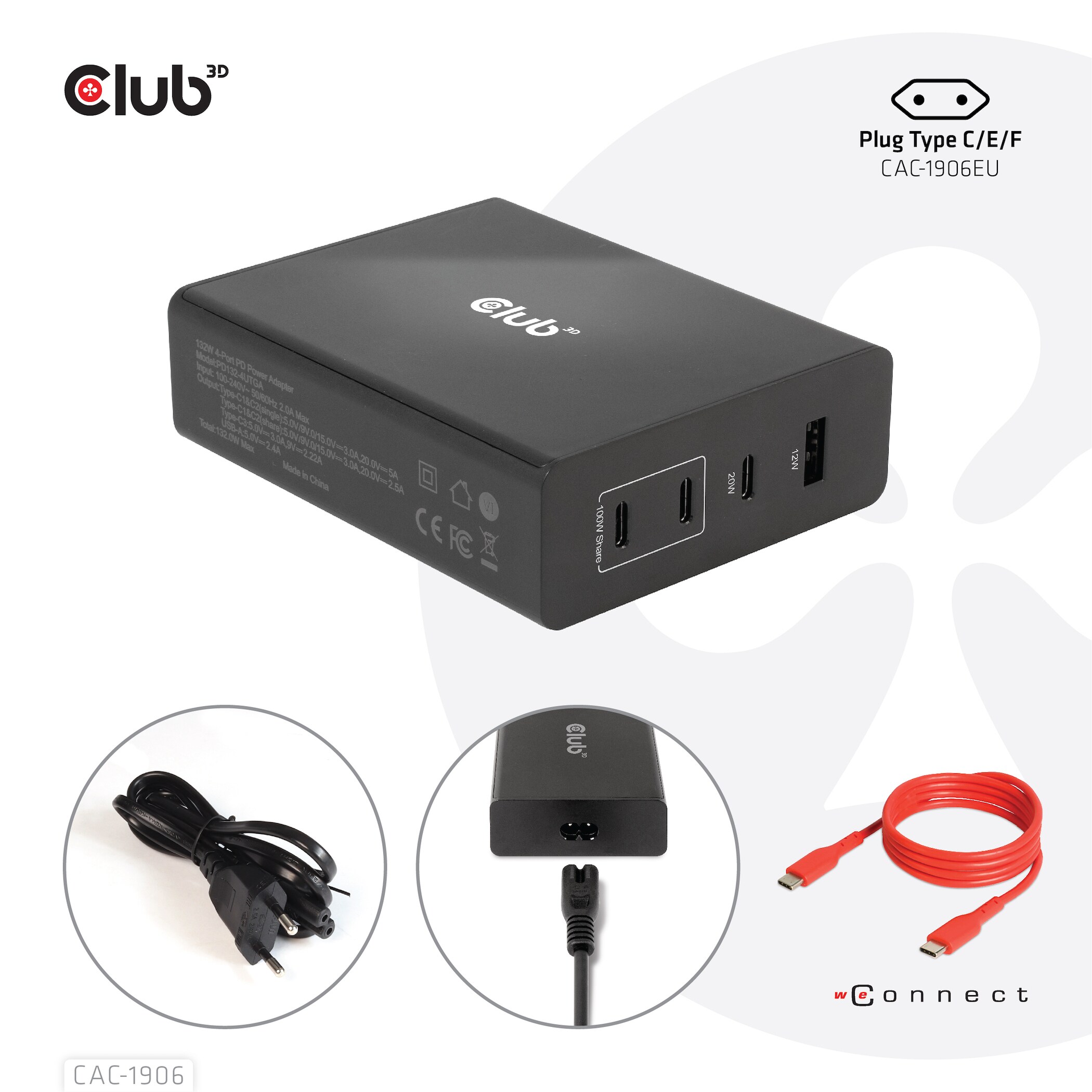 Club 3D Reise Ladegerät 132W GAN, USB Typ-C/Typ-A Power Delivery (PD) 3.0