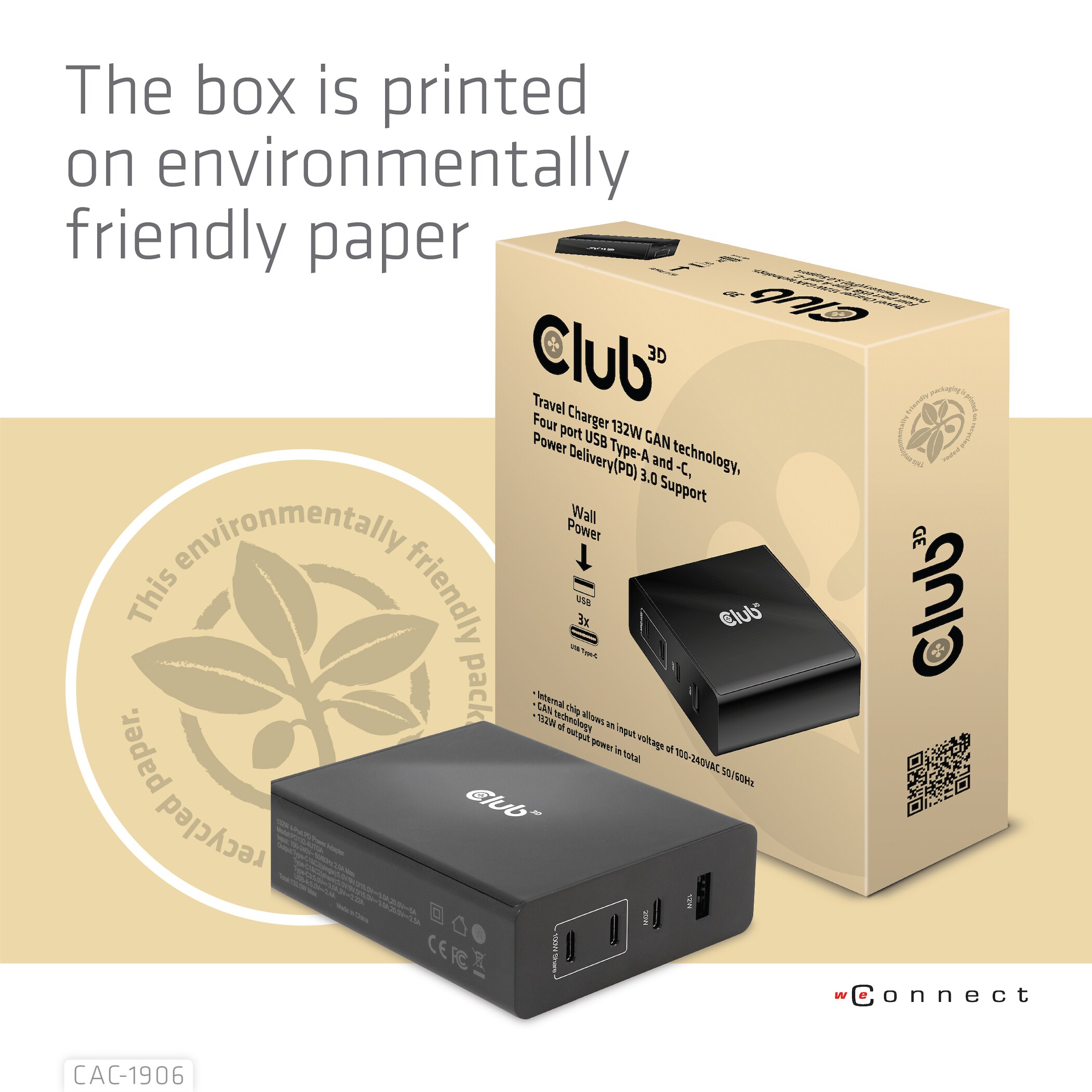 Club 3D Reise Ladegerät 132W GAN, USB Typ-C/Typ-A Power Delivery (PD) 3.0