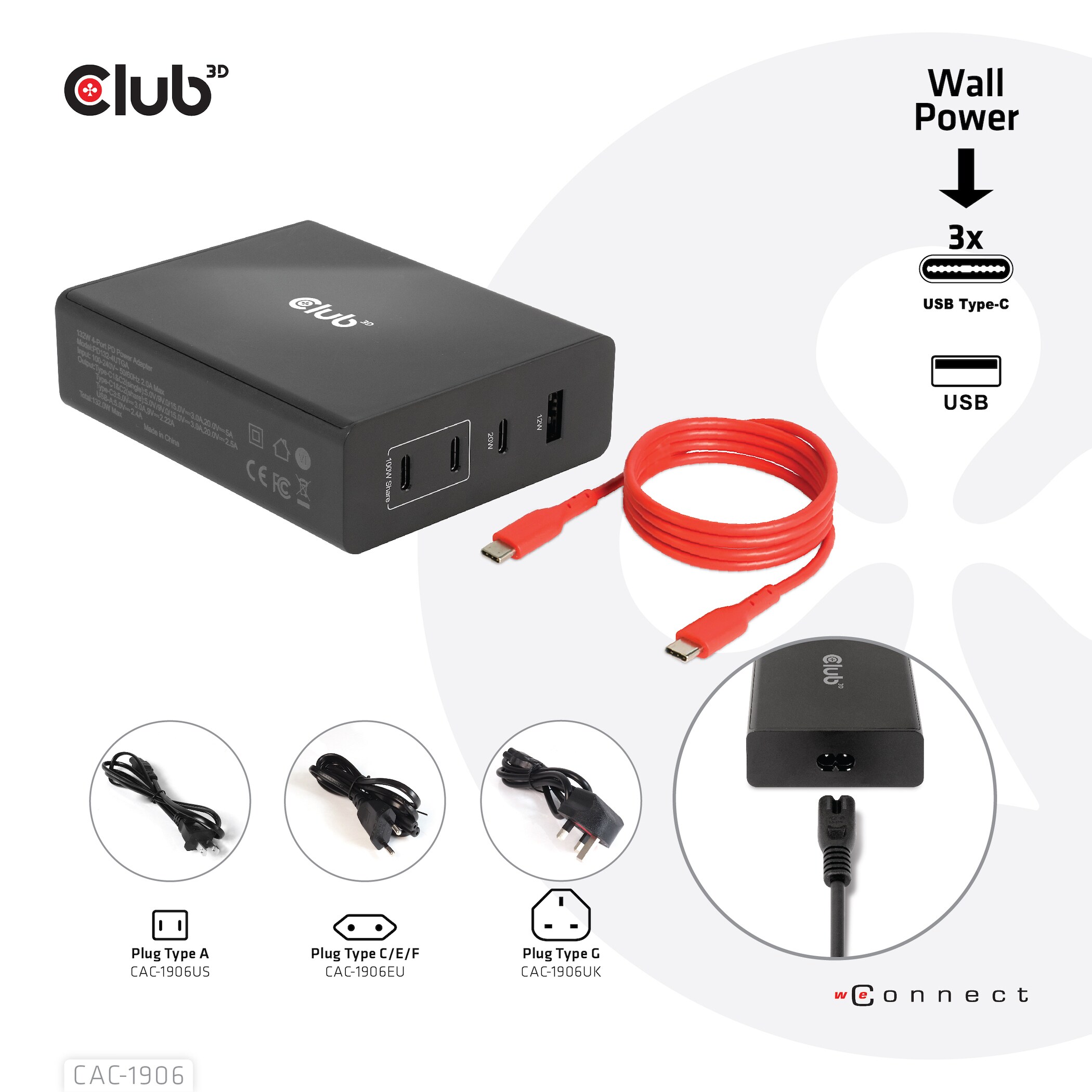 Club 3D Reise Ladegerät 132W GAN, USB Typ-C/Typ-A Power Delivery (PD) 3.0