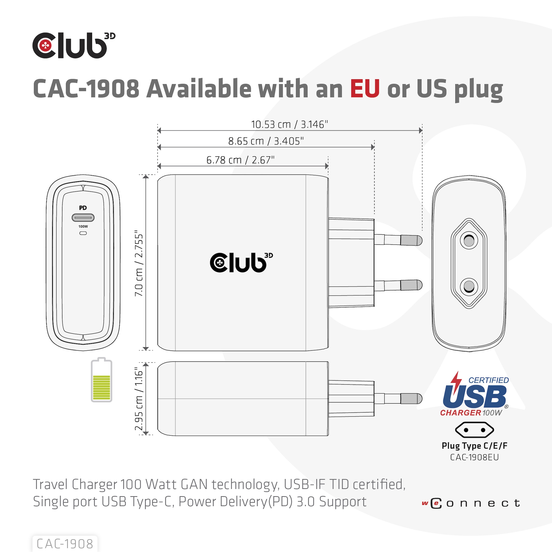 Club 3D Reise Ladegerät PPS 100W GAN, USB-IF TID-zertifiziert USB Typ-C PD 3.0