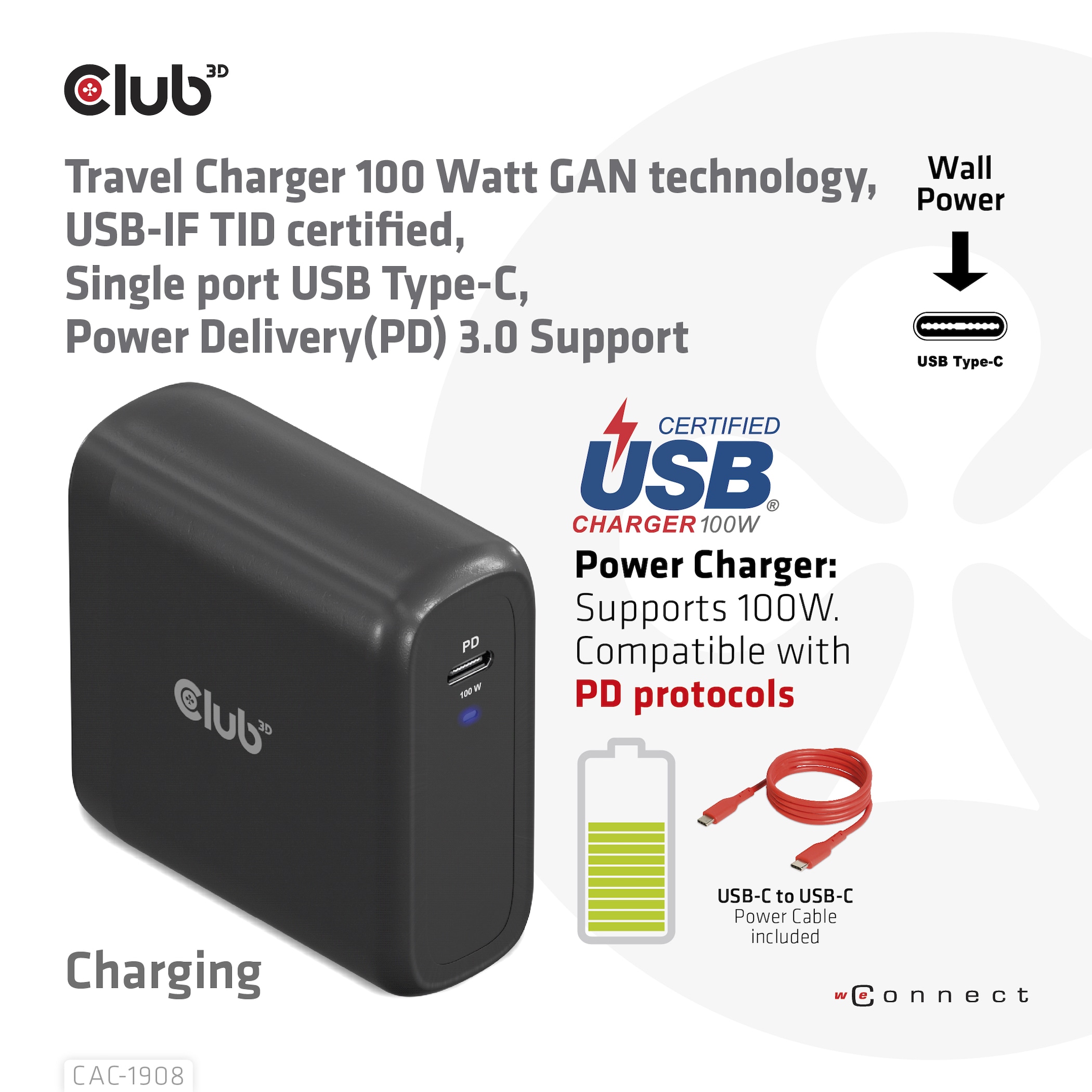 Club 3D Reise Ladegerät PPS 100W GAN, USB-IF TID-zertifiziert USB Typ-C PD 3.0