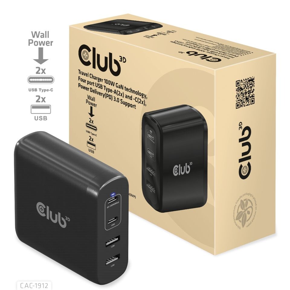 Club 3D Reise Ladegerät PPS 100W GAN, USB Typ-C/Typ-A Power Delivery (PD) 3.0