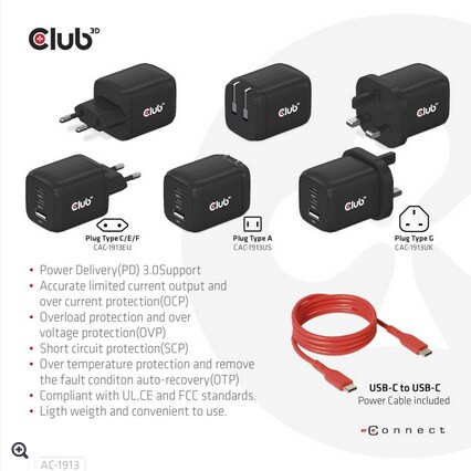 Club 3D Reise Ladegerät PPS 65W GAN, USB Typ-C/Typ-A Power Delivery (PD) 3.0