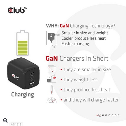 Club 3D Reise Ladegerät PPS 65W GAN, USB Typ-C/Typ-A Power Delivery (PD) 3.0