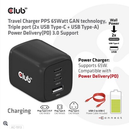 Club 3D Reise Ladegerät PPS 65W GAN, USB Typ-C/Typ-A Power Delivery (PD) 3.0