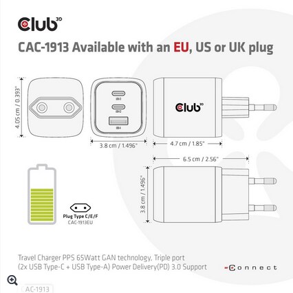 Club 3D Reise Ladegerät PPS 65W GAN, USB Typ-C/Typ-A Power Delivery (PD) 3.0