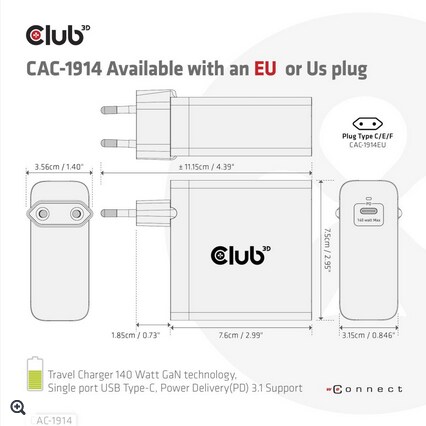 Club 3D Reise Ladegerät PPS 140W GAN, USB Typ-C Power Delivery (PD) 3.0