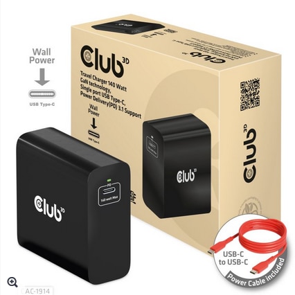 Club 3D Reise Ladegerät PPS 140W GAN, USB Typ-C Power Delivery (PD) 3.0