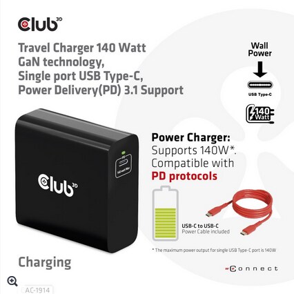 Club 3D Reise Ladegerät PPS 140W GAN, USB Typ-C Power Delivery (PD) 3.0