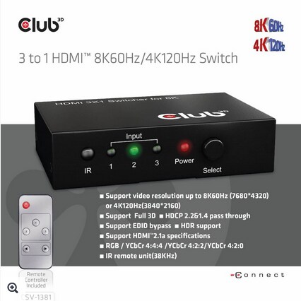 Club 3D HDMI 3 auf 1 Umschalter 8K60Hz/4K120Hz Umschalter