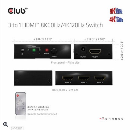 Club 3D HDMI 3 auf 1 Umschalter 8K60Hz/4K120Hz Umschalter