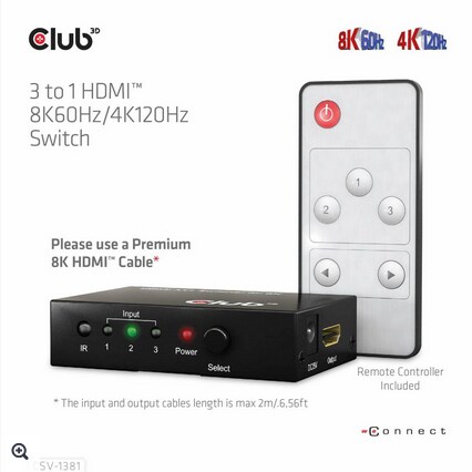 Club 3D HDMI 3 auf 1 Umschalter 8K60Hz/4K120Hz Umschalter