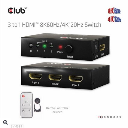 Club 3D HDMI 3 auf 1 Umschalter 8K60Hz/4K120Hz Umschalter