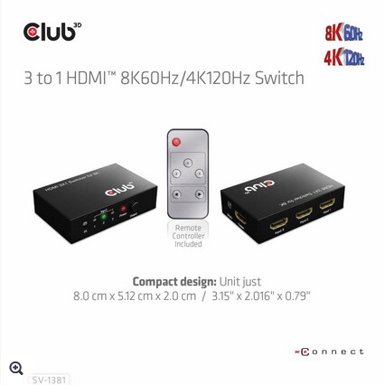 Club 3D HDMI 3 auf 1 Umschalter 8K60Hz/4K120Hz Umschalter