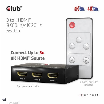 Club 3D HDMI 3 auf 1 Umschalter 8K60Hz/4K120Hz Umschalter