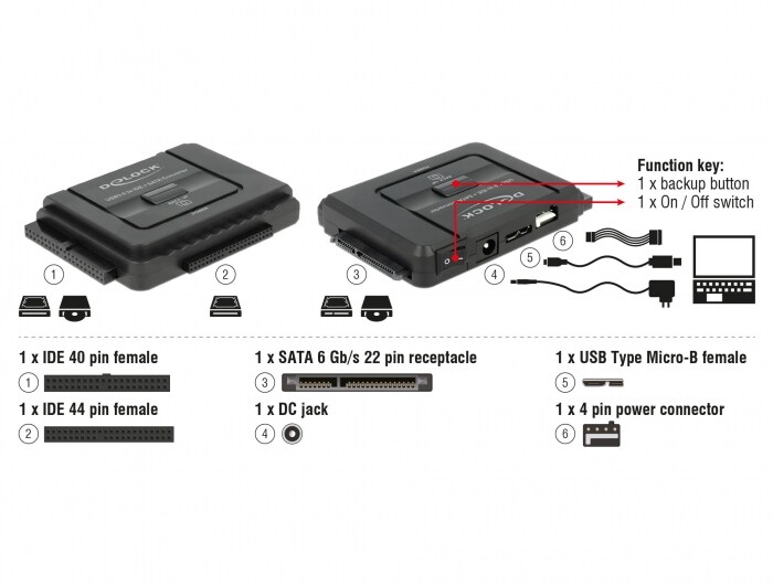 Delock Konverter USB 5 Gbps zu SATA 6 Gb/s / IDE 40 Pin / IDE 44 Pin mit Backup