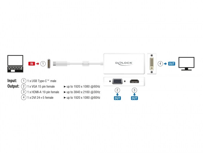 Delock Adapter USB Type-C™ Stecker &gt; VGA / HDMI / DVI Buchse weiß