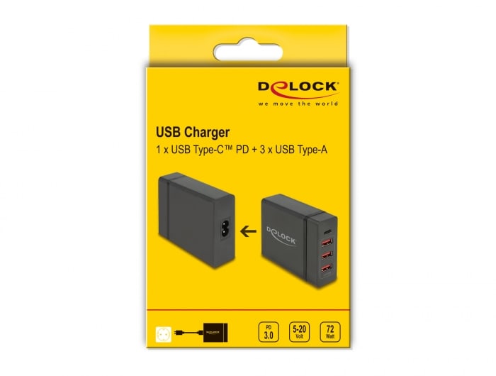 Delock USB Ladegerät 1 x USB Type-C™ PD + 3 x USB Typ-A 60 W + 12 W