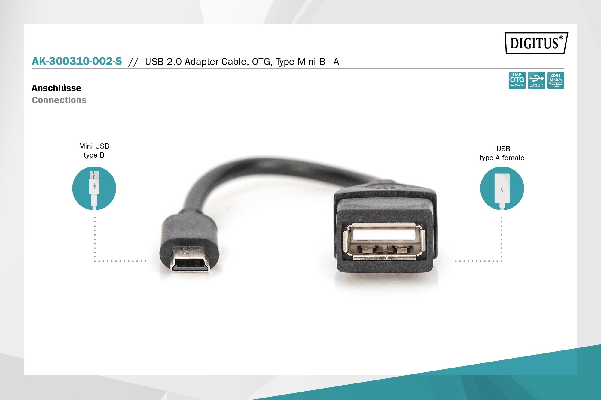 DIGITUS USB 2.0 Adapterkabel, OTG, Typ mini B - A St/Bu, 0,2m schwarz