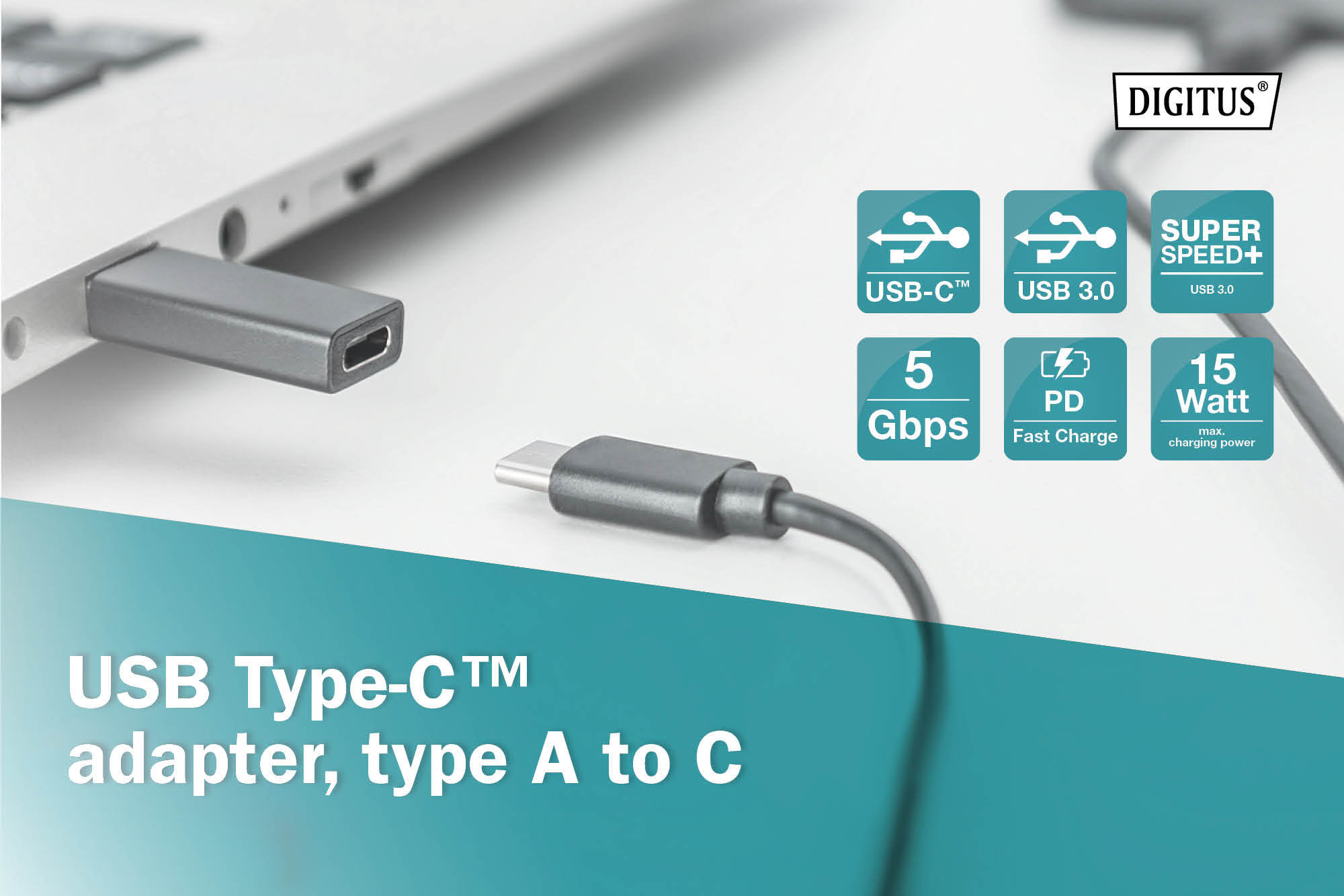 DIGITUS USB Typ-C Adapter, Typ A to C M/F, 3A, 5GB, 3.0 Version, schwarz