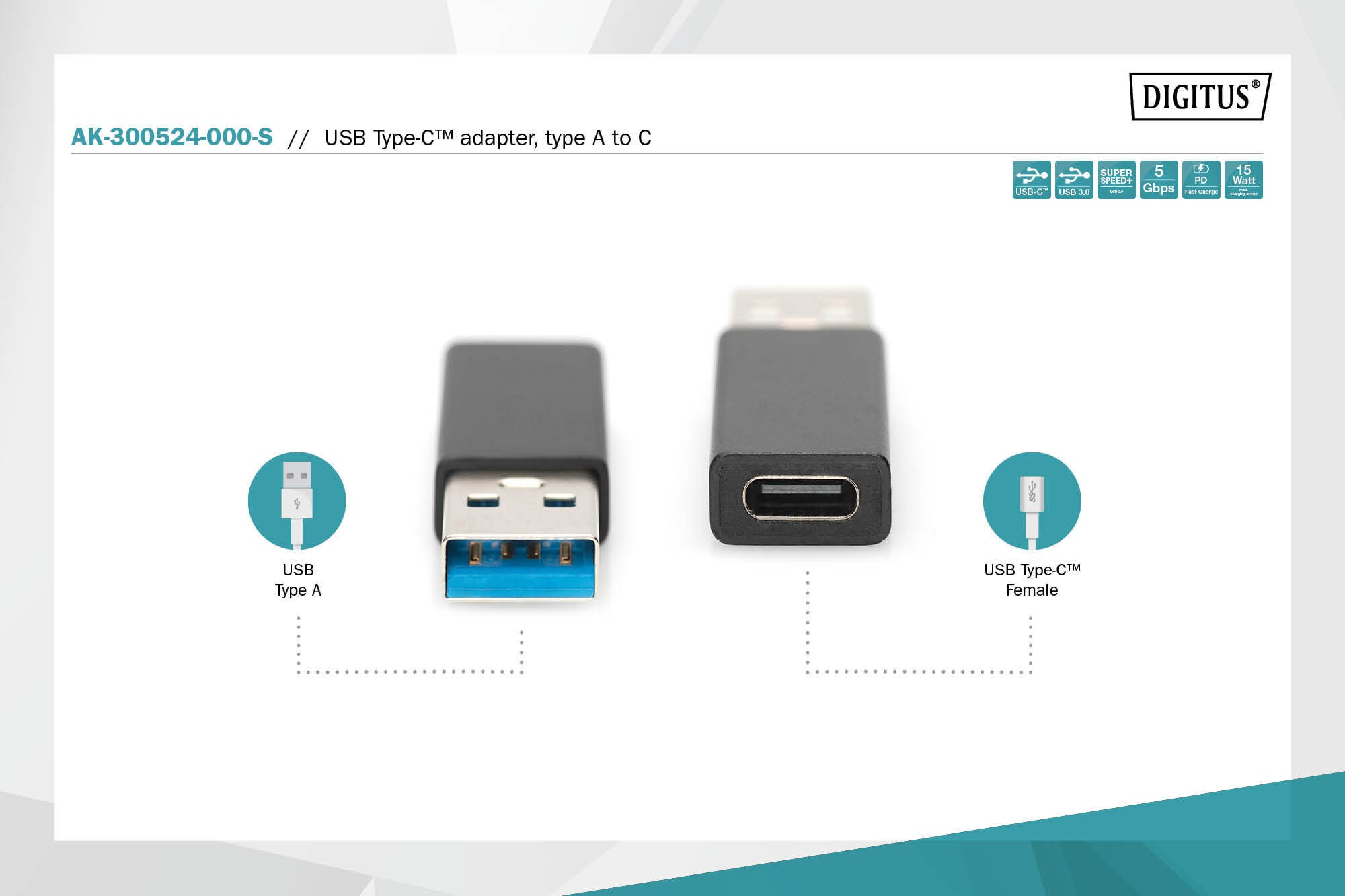 DIGITUS USB Typ-C Adapter, Typ A to C M/F, 3A, 5GB, 3.0 Version, schwarz