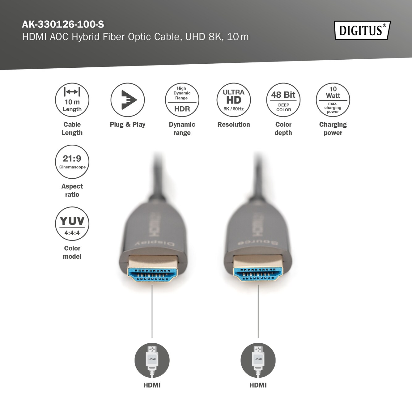 DIGITUS HDMI AOC Hybrid Glasfaser Anschlusskabel, Typ A M/M, 10m