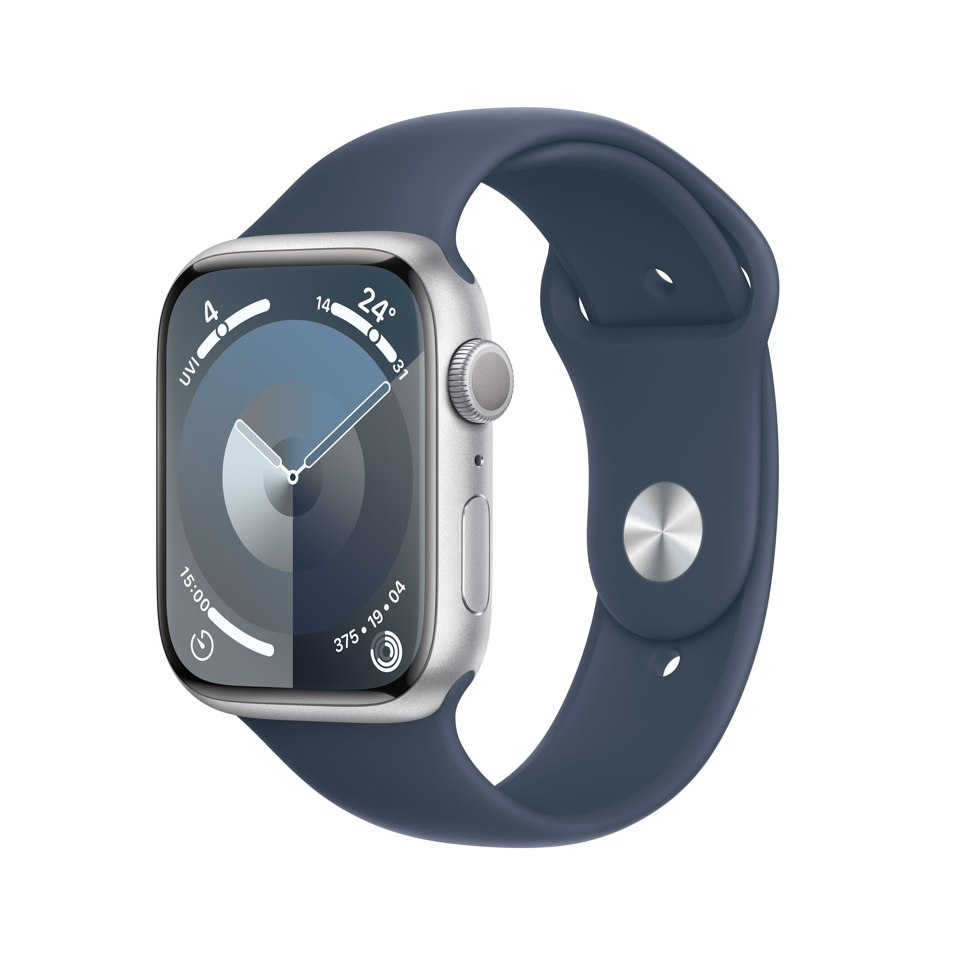 Apple Watch Series 9 GPS 45mm Aluminium Silber Sportarmband Sturmblau S/M